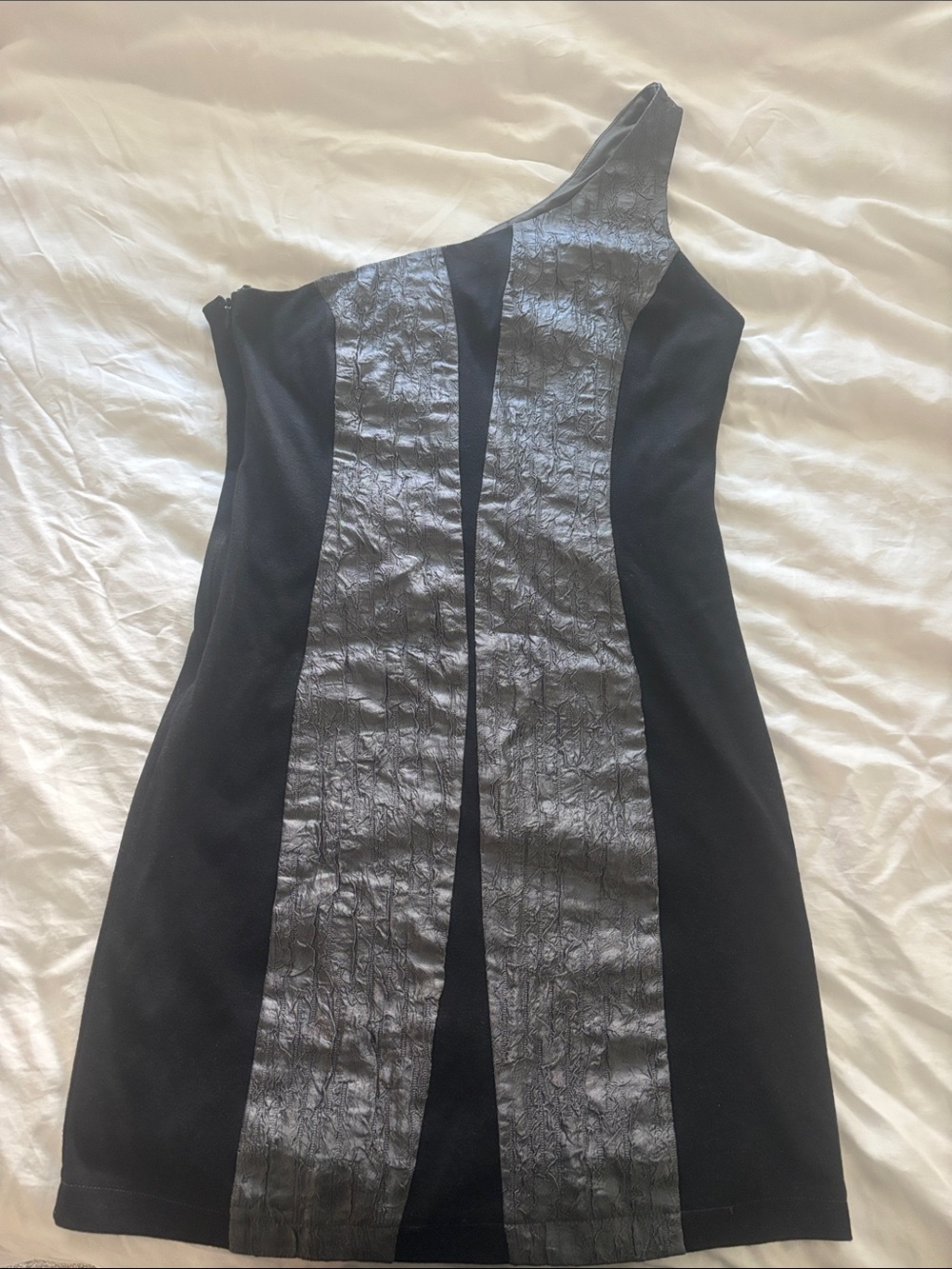 One-Shoulder Asymmetric Cocktail Black/Gray Dress with Textured Panels